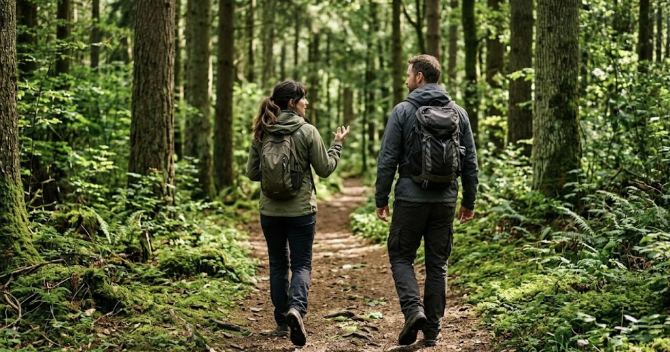Due persone camminano fianco a fianco parlando lungo un sentiero nel bosco, viste da dietro
