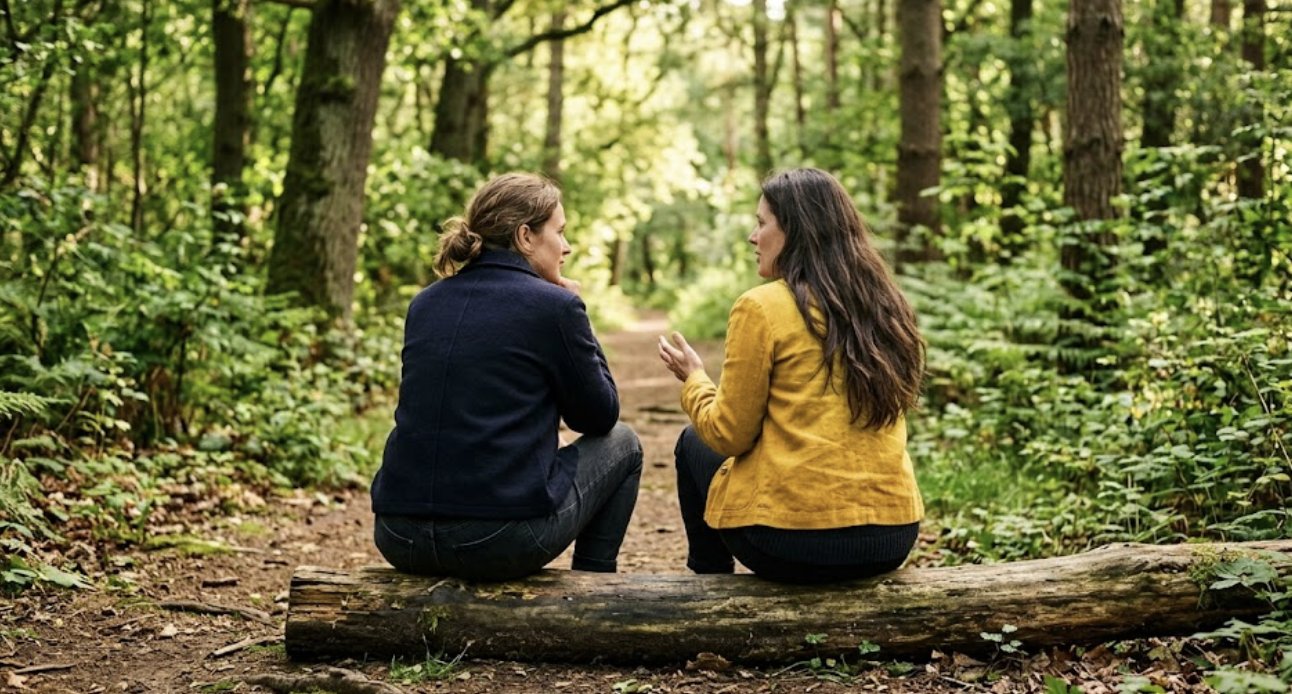 Due persone sedute su un tronco ai margini del bosco, di spalle, in un momento di conversazione