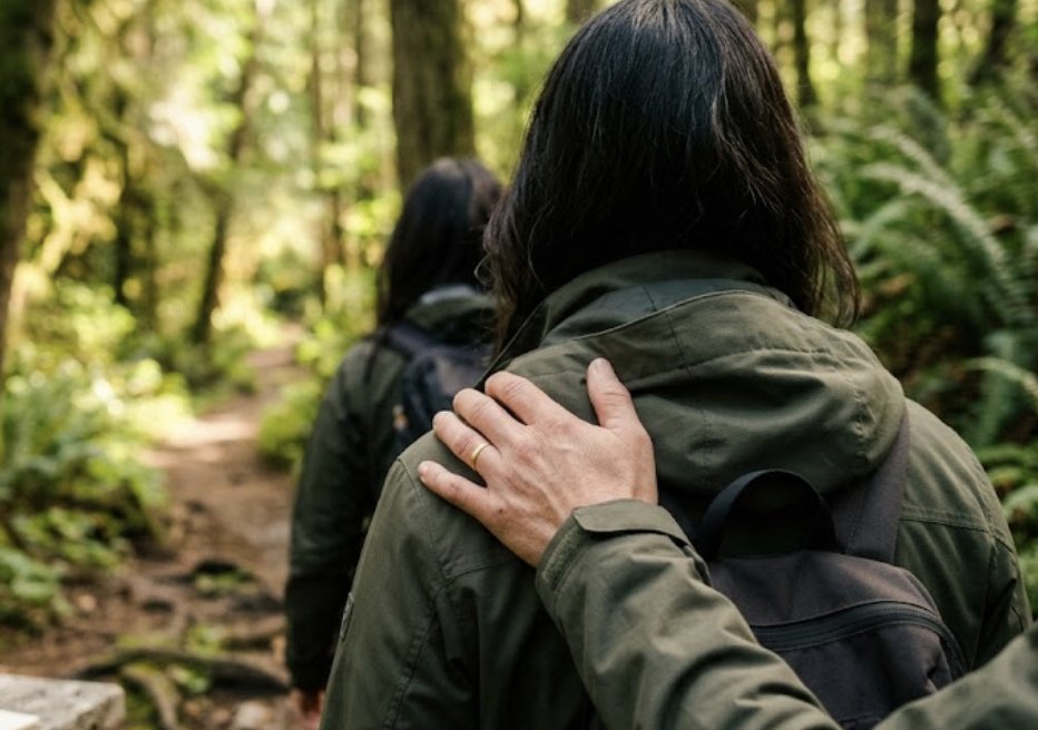 Una mano appoggiata con delicatezza sulla spalla di una persona, mentre camminano insieme nel bosco