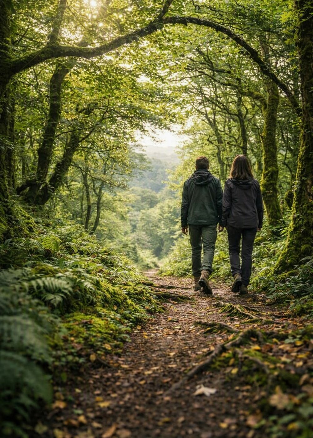 Due persone mano nella mano camminano su un sentiero nel bosco, viste da dietro
