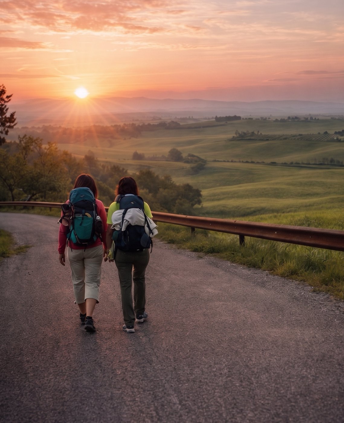 Due persone con lo zaino camminano fianco a fianco su una strada di campagna al tramonto, tra le colline